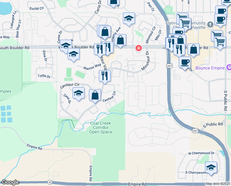 map of restaurants, bars, coffee shops, grocery stores, and more near 1103 West Centaur Circle in Lafayette