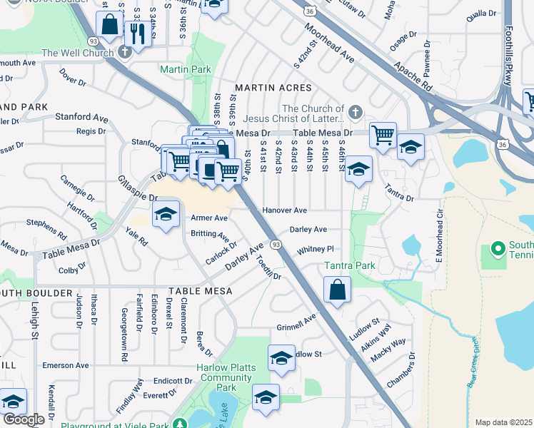 map of restaurants, bars, coffee shops, grocery stores, and more near 760 South 41st Street in Boulder