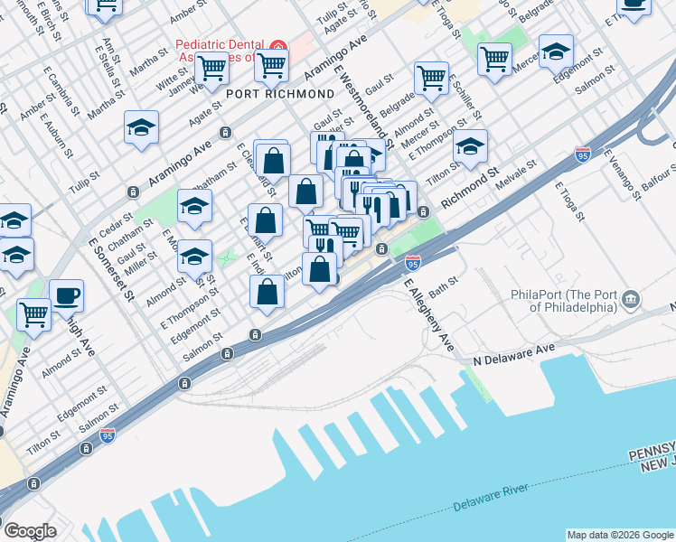 map of restaurants, bars, coffee shops, grocery stores, and more near 3127 Salmon Street in Philadelphia
