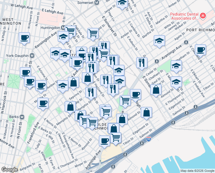 map of restaurants, bars, coffee shops, grocery stores, and more near 2637 Agate Street in Philadelphia