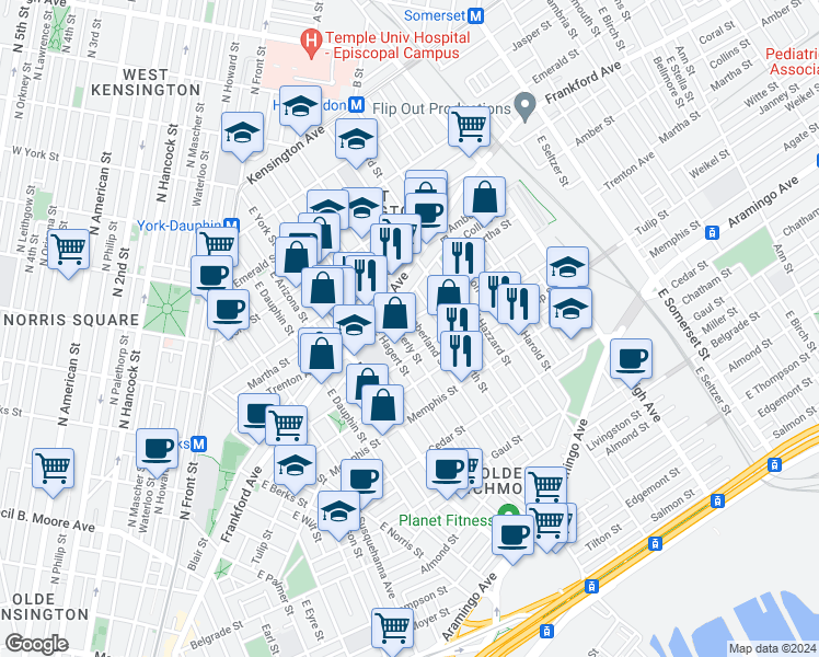 map of restaurants, bars, coffee shops, grocery stores, and more near 2139 East Cumberland Street in Philadelphia