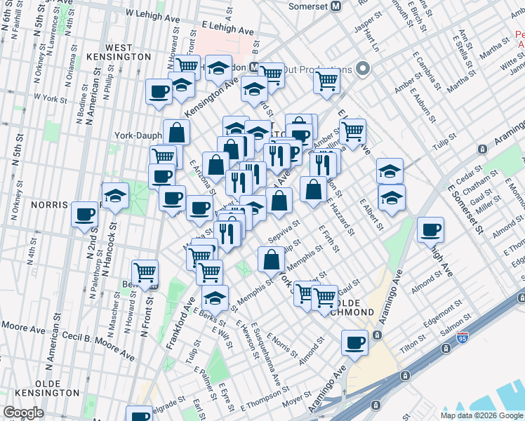 map of restaurants, bars, coffee shops, grocery stores, and more near 2424 Martha Street in Philadelphia
