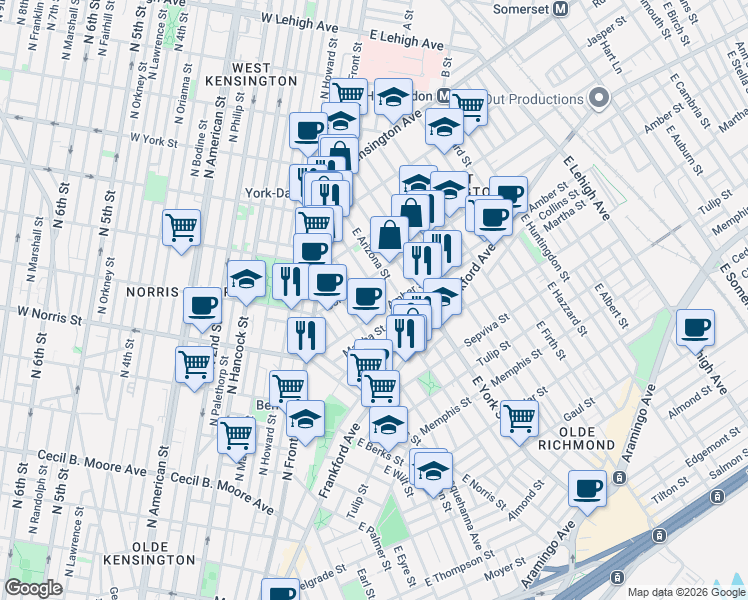 map of restaurants, bars, coffee shops, grocery stores, and more near 2050 East Dauphin Street in Philadelphia