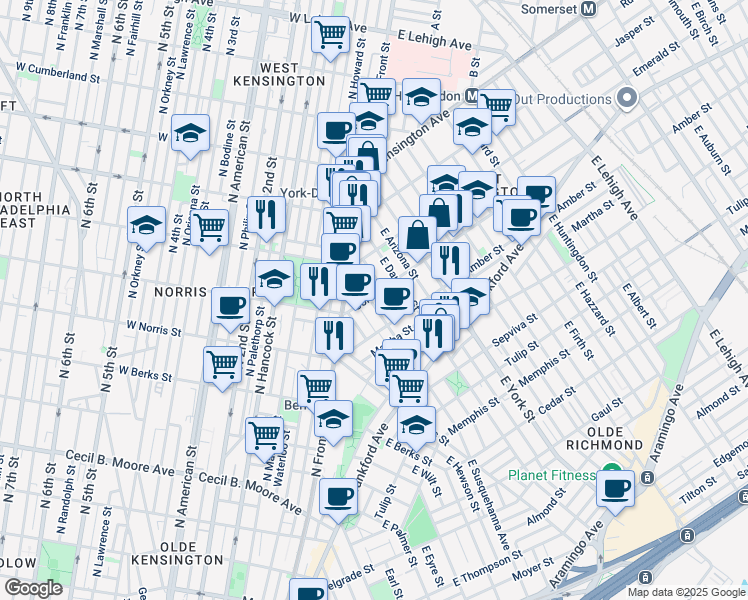 map of restaurants, bars, coffee shops, grocery stores, and more near in Philadelphia