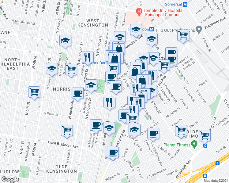 map of restaurants, bars, coffee shops, grocery stores, and more near in Philadelphia