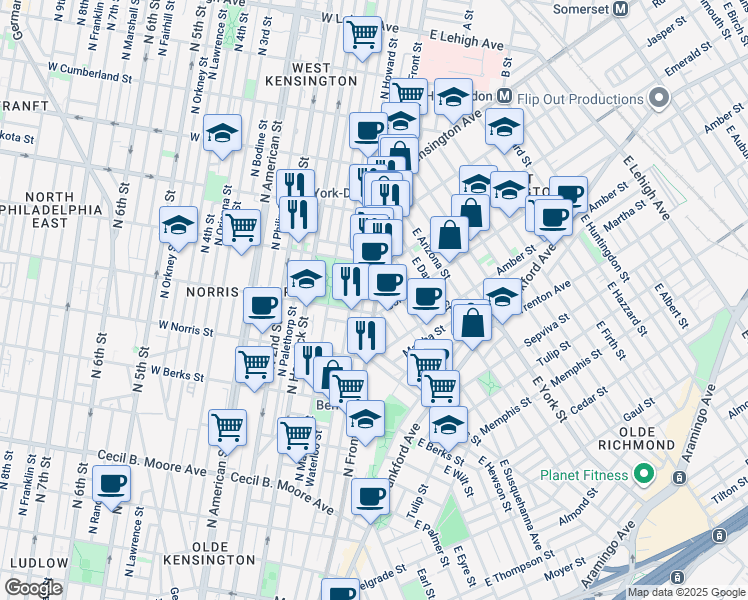 map of restaurants, bars, coffee shops, grocery stores, and more near 2121 North Howard Street in Philadelphia
