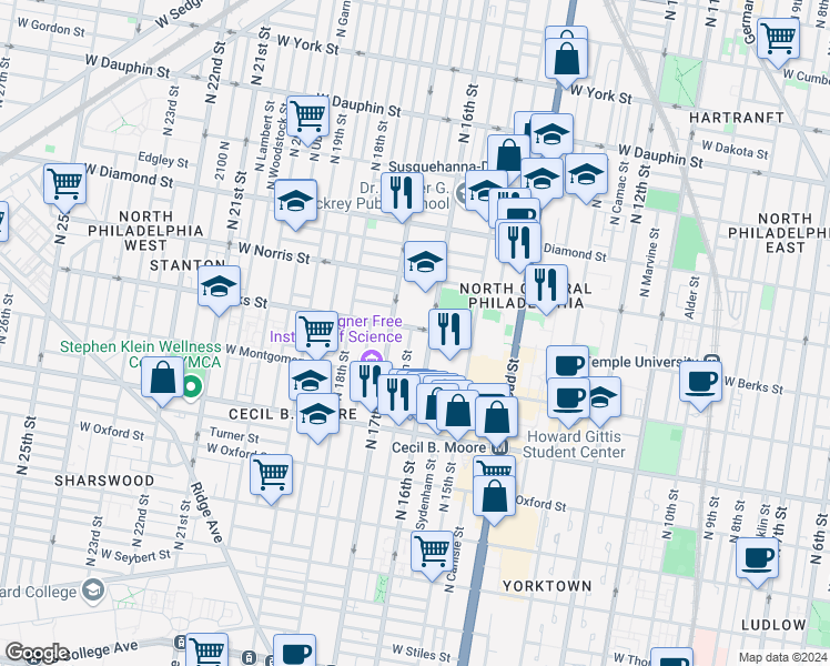 map of restaurants, bars, coffee shops, grocery stores, and more near 1858 North 16th Street in Philadelphia
