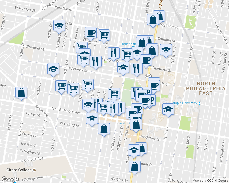 map of restaurants, bars, coffee shops, grocery stores, and more near in Philadelphia