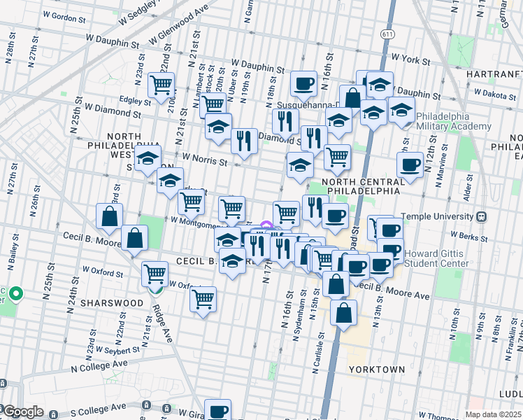 map of restaurants, bars, coffee shops, grocery stores, and more near 1849 North 18th Street in Philadelphia