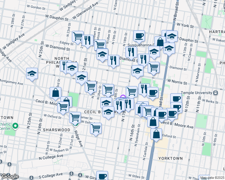 map of restaurants, bars, coffee shops, grocery stores, and more near in Philadelphia