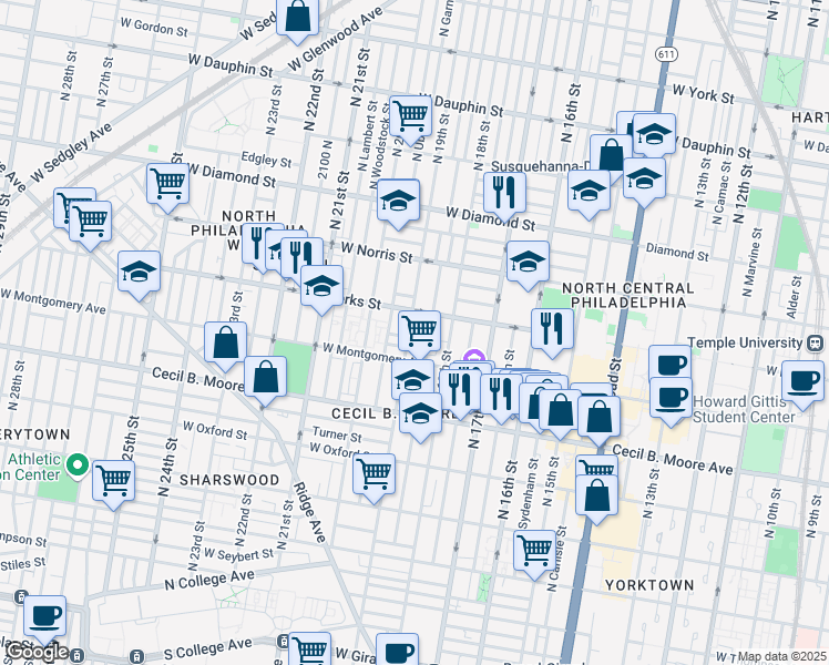 map of restaurants, bars, coffee shops, grocery stores, and more near in Philadelphia