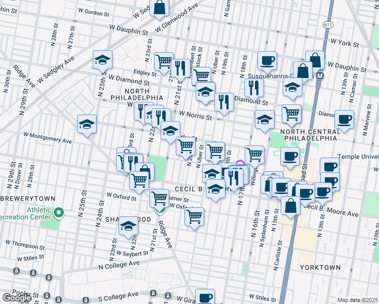 map of restaurants, bars, coffee shops, grocery stores, and more near 1860 North Uber Street in Philadelphia