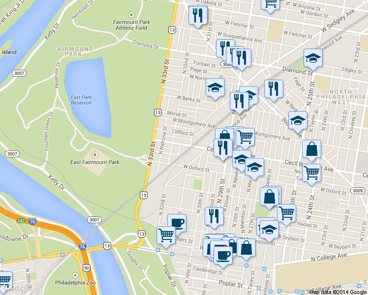 map of restaurants, bars, coffee shops, grocery stores, and more near 3123 Cecil B. Moore Avenue in Philadelphia