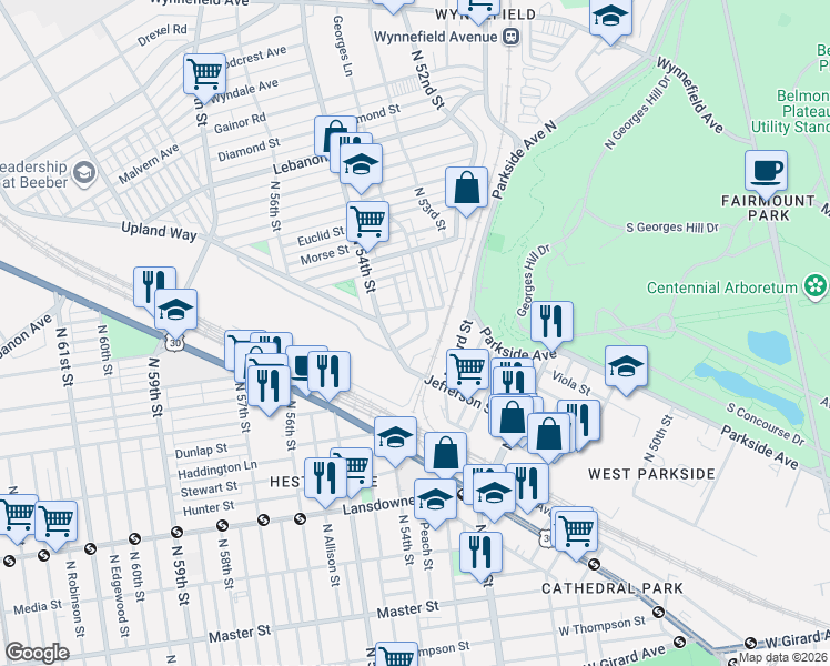 map of restaurants, bars, coffee shops, grocery stores, and more near 5328 West Columbia Avenue in Philadelphia