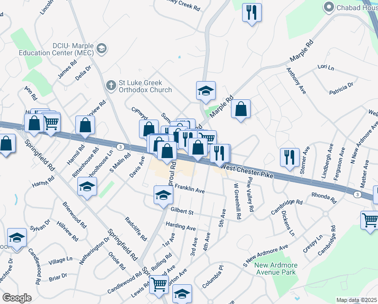 map of restaurants, bars, coffee shops, grocery stores, and more near 31 North Sproul Road in Broomall