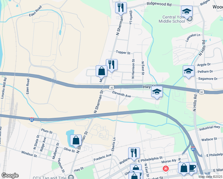 map of restaurants, bars, coffee shops, grocery stores, and more near 1321 North Sherman Street in York