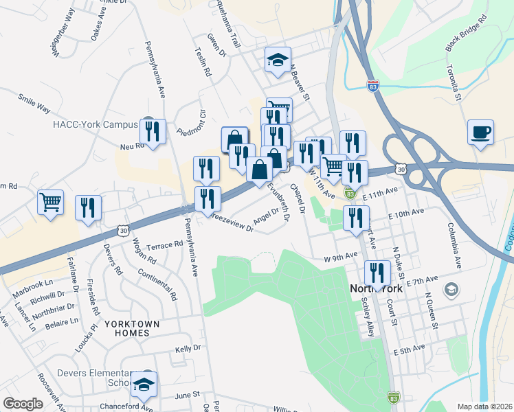 map of restaurants, bars, coffee shops, grocery stores, and more near 1530 Chapel Drive in York