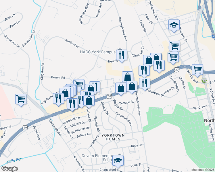 map of restaurants, bars, coffee shops, grocery stores, and more near 766 Hardwick Place in York