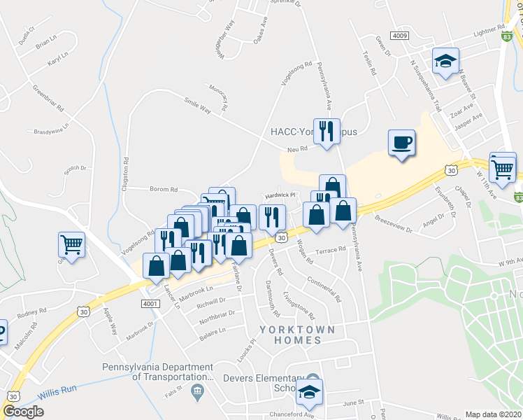 map of restaurants, bars, coffee shops, grocery stores, and more near 1746 Devers Road in York