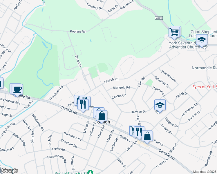 map of restaurants, bars, coffee shops, grocery stores, and more near 1898 Church Road in York