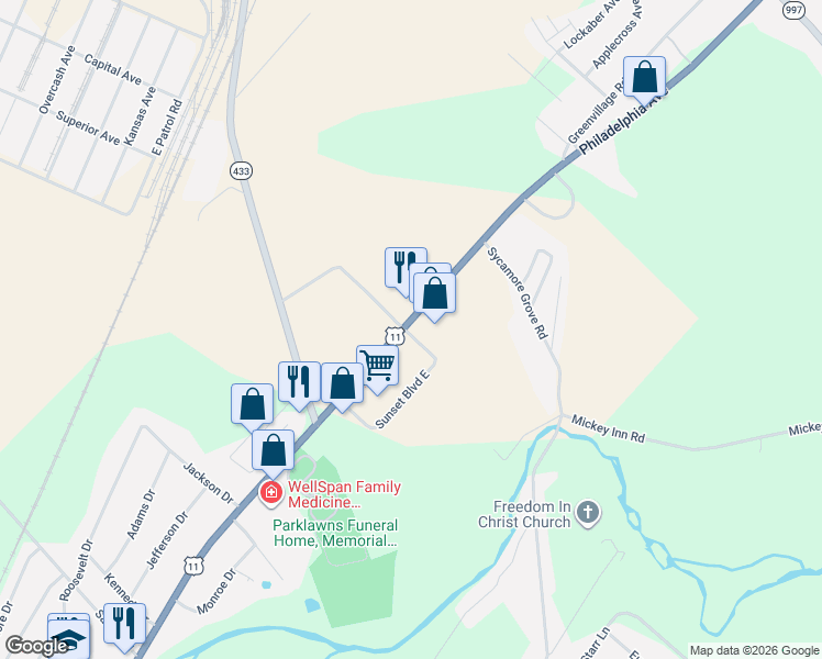 map of restaurants, bars, coffee shops, grocery stores, and more near 1-399 Sunset Blvd W in Chambersburg