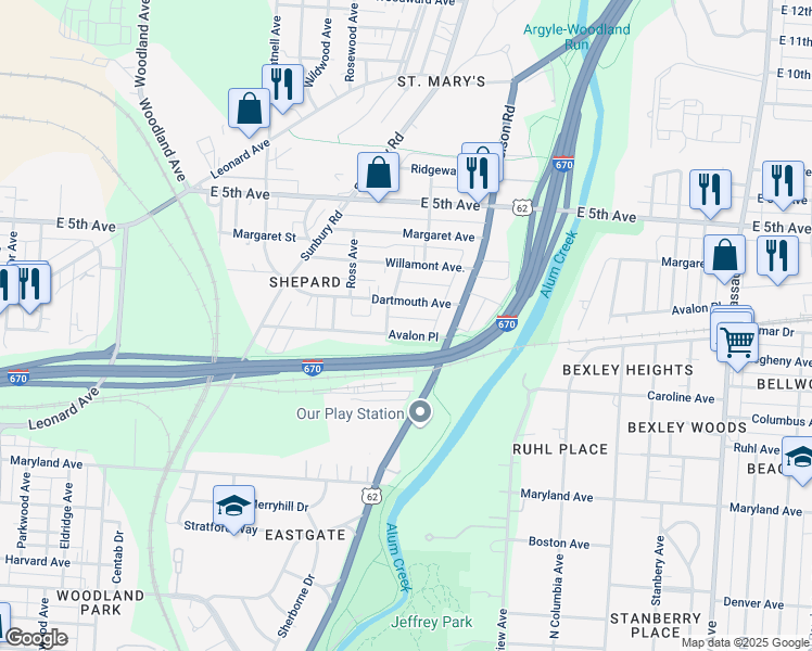 map of restaurants, bars, coffee shops, grocery stores, and more near 2187 Dartmouth Avenue in Columbus