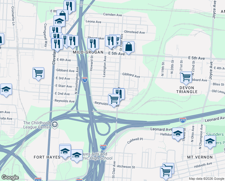 map of restaurants, bars, coffee shops, grocery stores, and more near 844 East Starr Avenue in Columbus