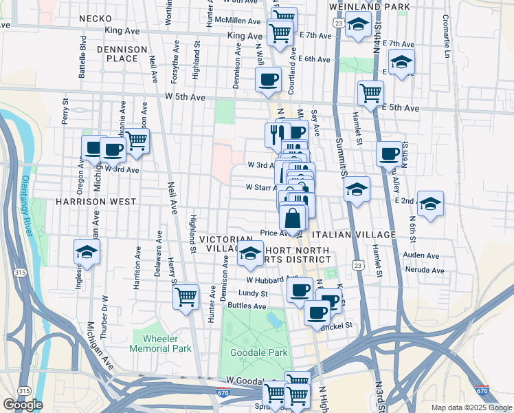 map of restaurants, bars, coffee shops, grocery stores, and more near 84-86 East 2nd Avenue in Columbus