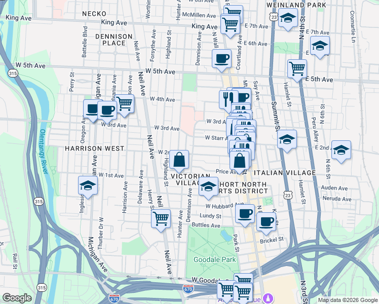 map of restaurants, bars, coffee shops, grocery stores, and more near 1007 Dennison Avenue in Columbus