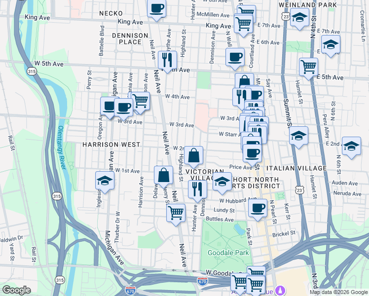 map of restaurants, bars, coffee shops, grocery stores, and more near 1021 Hunter Avenue in Columbus