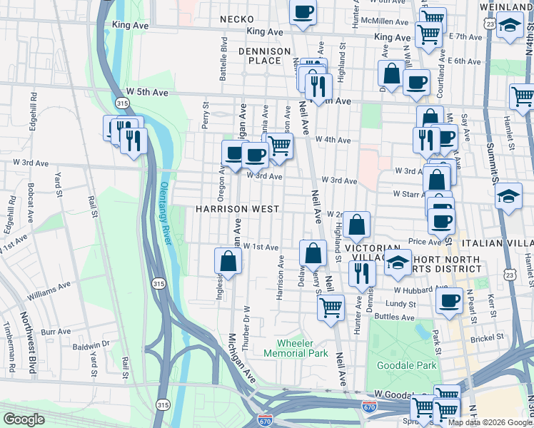 map of restaurants, bars, coffee shops, grocery stores, and more near 1047 Harrison Avenue in Columbus