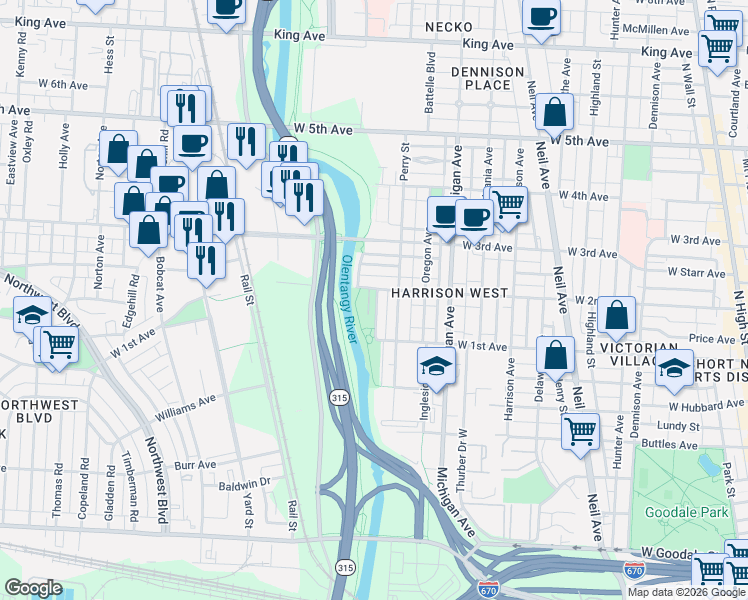 map of restaurants, bars, coffee shops, grocery stores, and more near 586 West 2nd Avenue in Columbus