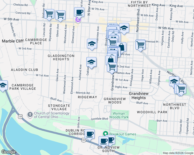 map of restaurants, bars, coffee shops, grocery stores, and more near 1578 West 1st Avenue in Columbus