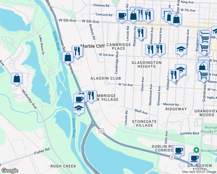 map of restaurants, bars, coffee shops, grocery stores, and more near 1304 Arlington Avenue in Columbus