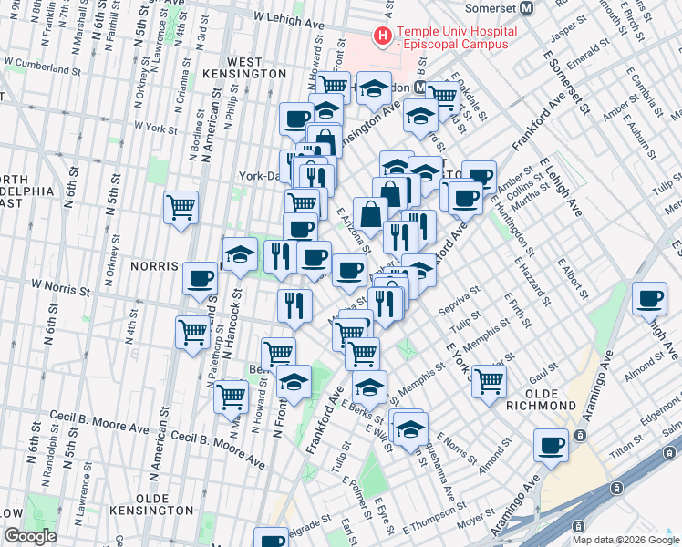 map of restaurants, bars, coffee shops, grocery stores, and more near 2046 East Fletcher Street in Philadelphia