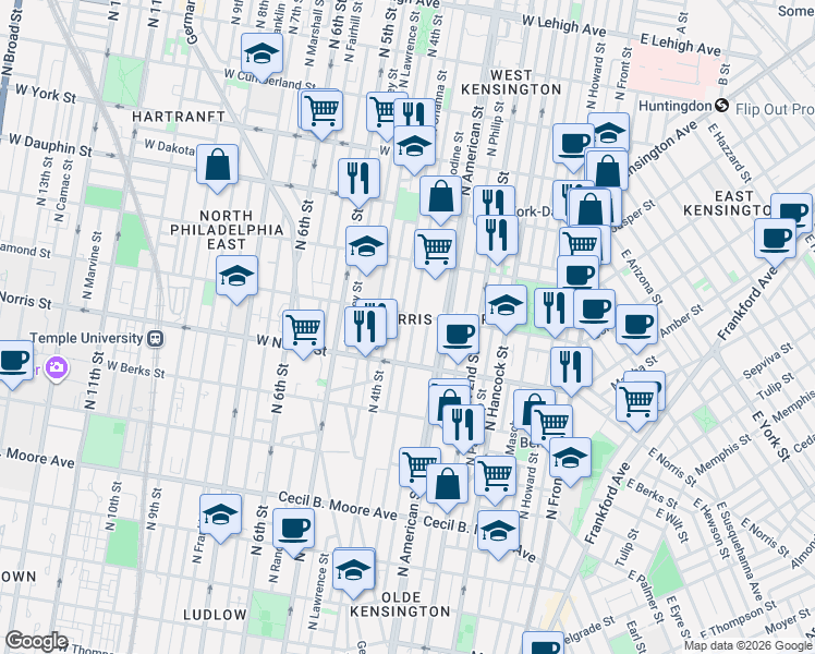 map of restaurants, bars, coffee shops, grocery stores, and more near 2048 North 3rd Street in Philadelphia