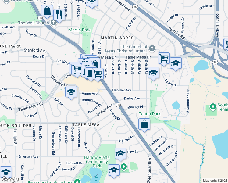 map of restaurants, bars, coffee shops, grocery stores, and more near 760 South 41st Street in Boulder