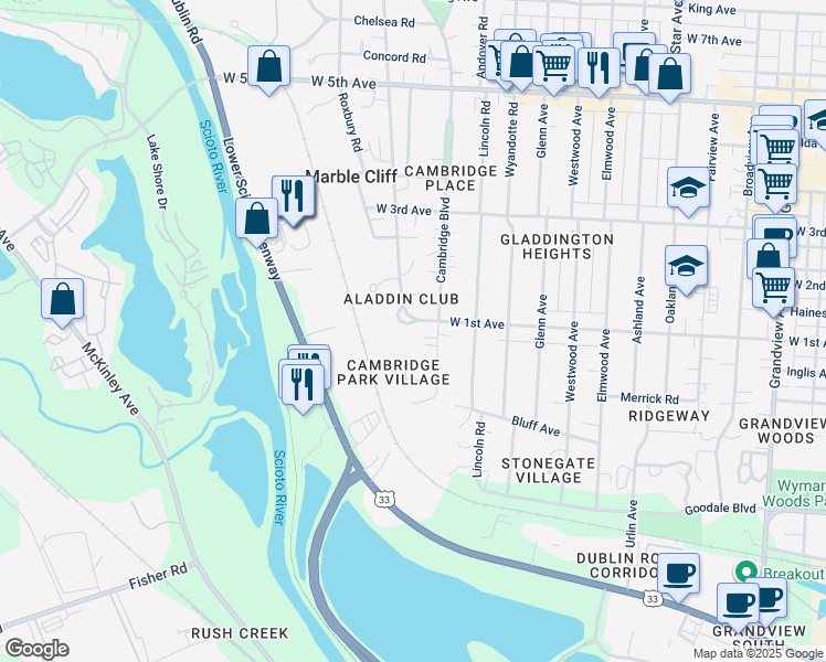 map of restaurants, bars, coffee shops, grocery stores, and more near 1304 Arlington Avenue in Columbus
