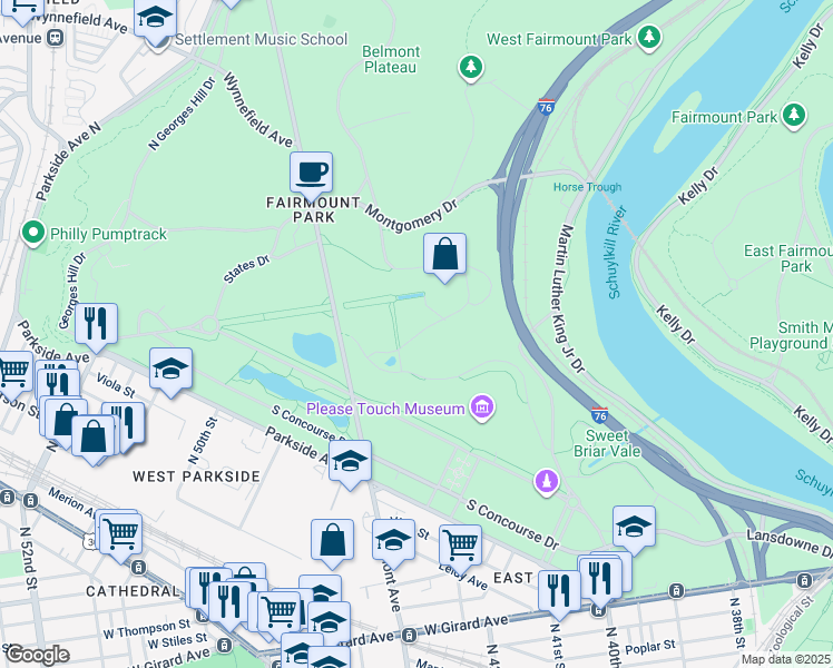 map of restaurants, bars, coffee shops, grocery stores, and more near Horticultural Drive in Philadelphia