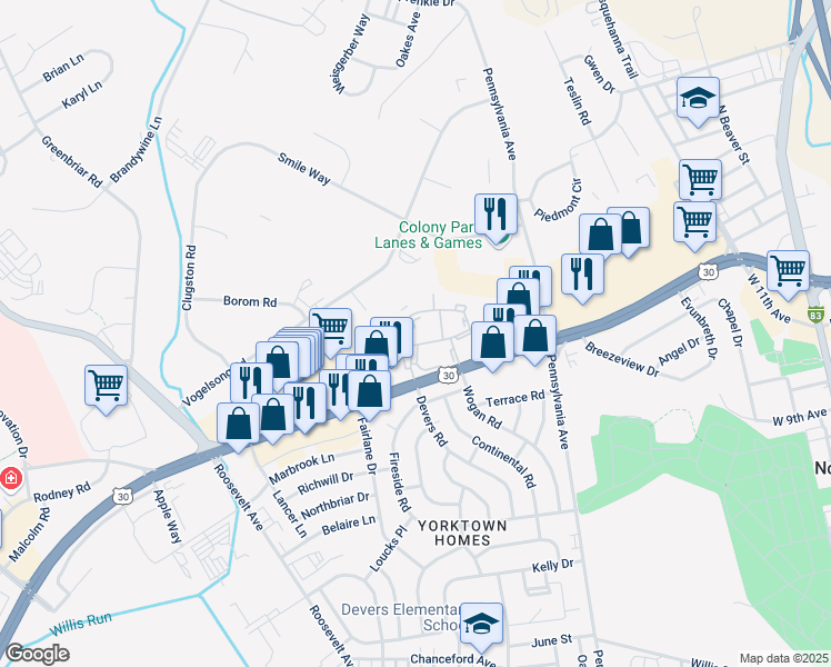 map of restaurants, bars, coffee shops, grocery stores, and more near 1721 Devers Road in York