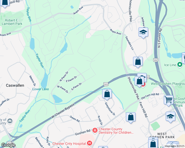 map of restaurants, bars, coffee shops, grocery stores, and more near 993 South Penn Drive in West Chester