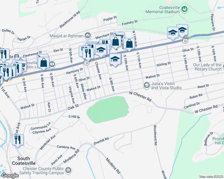 map of restaurants, bars, coffee shops, grocery stores, and more near 120 South 8th Avenue in Coatesville