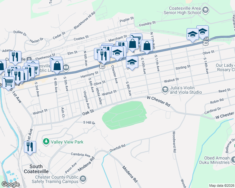 map of restaurants, bars, coffee shops, grocery stores, and more near 109 Chester Avenue in Coatesville