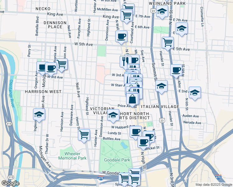 map of restaurants, bars, coffee shops, grocery stores, and more near 84-86 East 2nd Avenue in Columbus