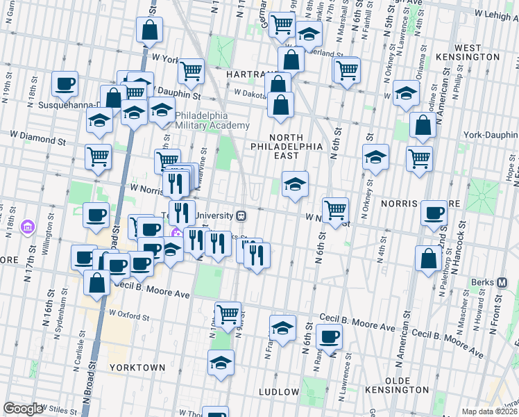 map of restaurants, bars, coffee shops, grocery stores, and more near N 9th St & W Norris St in Philadelphia