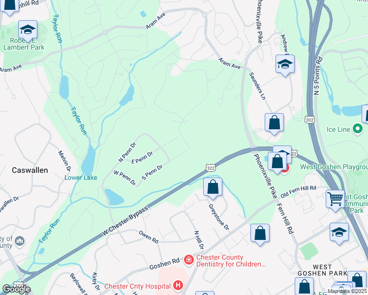 map of restaurants, bars, coffee shops, grocery stores, and more near 993 South Penn Drive in West Chester