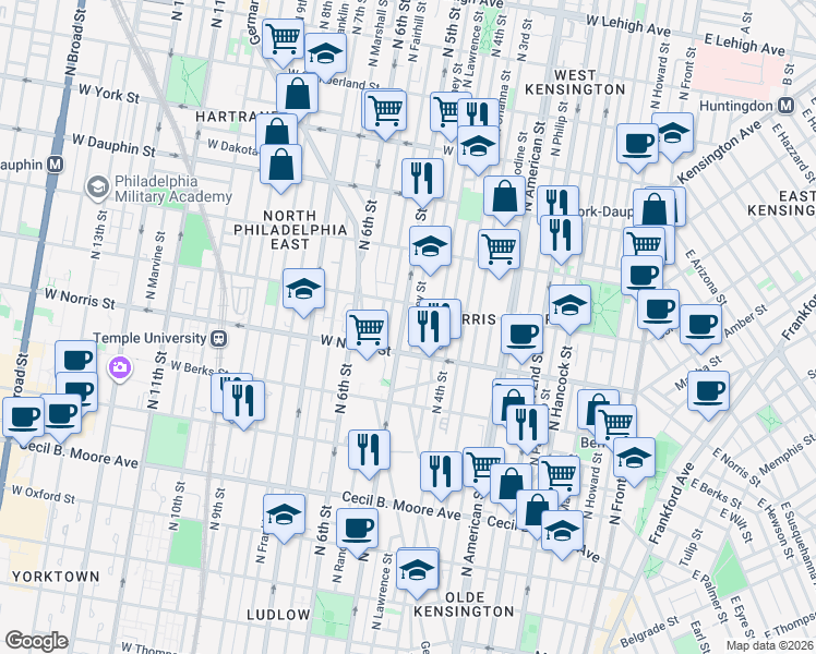 map of restaurants, bars, coffee shops, grocery stores, and more near 2048 North 5th Street in Philadelphia