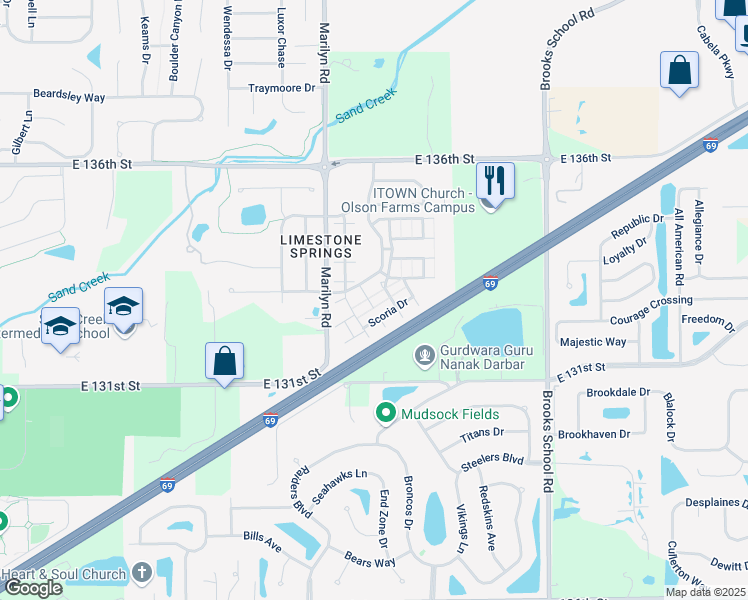map of restaurants, bars, coffee shops, grocery stores, and more near 13249 Komatite Way in Fishers
