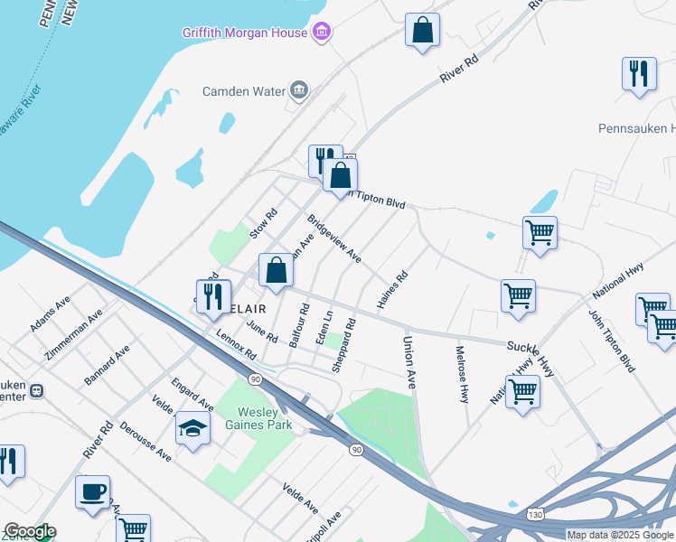 map of restaurants, bars, coffee shops, grocery stores, and more near 8249 Eden Lane in Pennsauken
