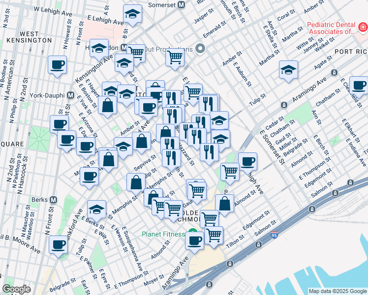 map of restaurants, bars, coffee shops, grocery stores, and more near 2560 Tulip Street in Philadelphia